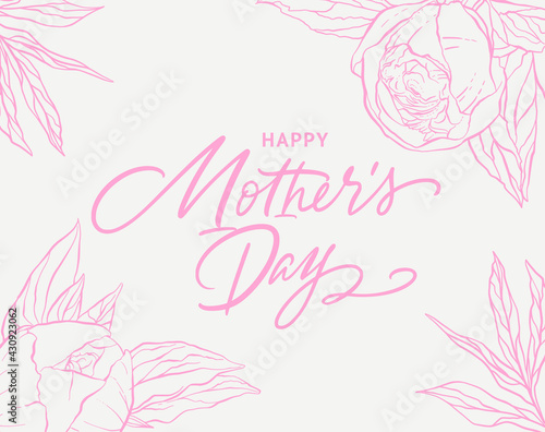 Happy Mother   s Day greeting card. Delicate pink floral background. Gentle peony flowers.
