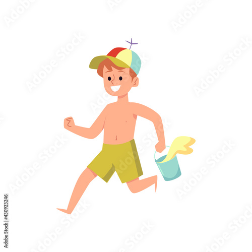 Cute boy runs to play with sand on sea coast, flat vector illustration isolated.