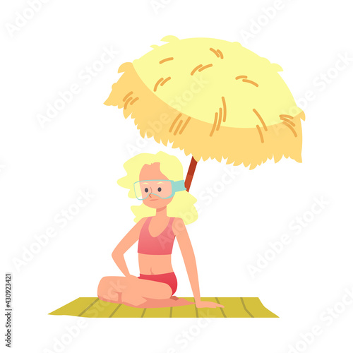 Child girl under sun umbrella by the sea, flat vector illustration isolated.