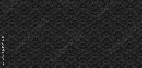 Black polygonal seamless pattern with triangles. Dark repeating geometric texture with extruded surface effect. 3D illustration for background wallpaper interior textile wrapping paper print design.