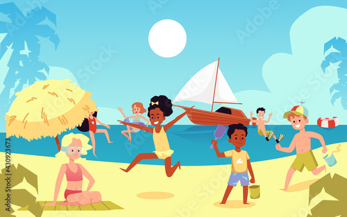 Cute children having fun on triopical sea beach flat vector illustration.
