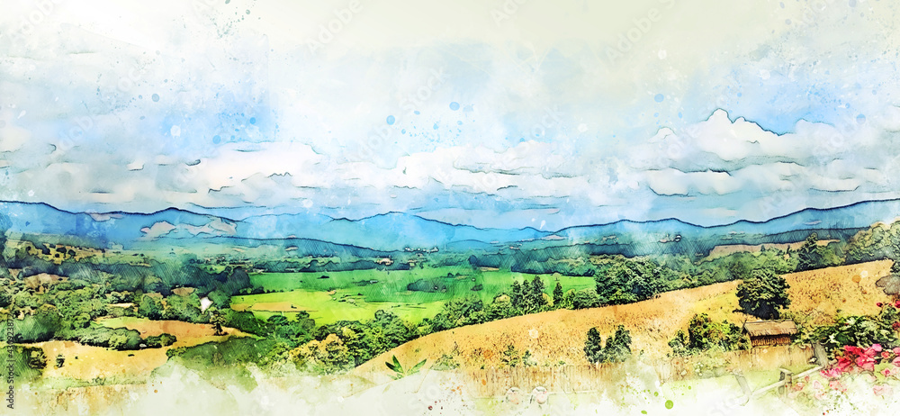 Abstract tree and field landscape in Thailand on watercolor illustration painting background.