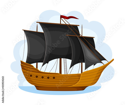 Pirate Sailing Ship with Square Rigged Masts Navigating Upon Water Vector Illustration