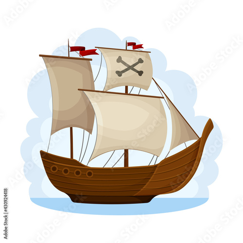 Pirate Ship with Sails and Crossed Bones Navigating Upon Water Vector Illustration