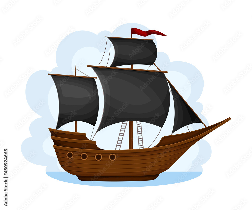 Pirate Ship With Black Sails And Square Rigged Mast Navigating Upon 