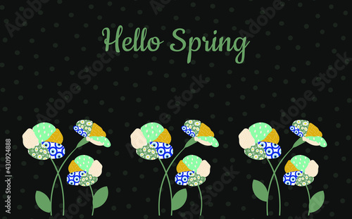 Hello Spring greeting card. Creative flowers with different petals. application for the decor of pillows, interior design. Black background with translucent polka dots. Vector graphics.