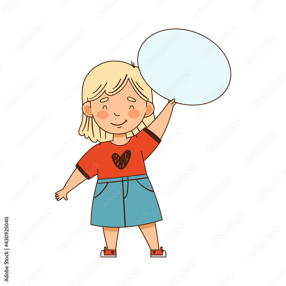 Blond Girl Standing and Holding Empty Oval Plaque Vector Illustration Blond Girl Standing and Holding Empty Oval Plaque Vector Illustration
