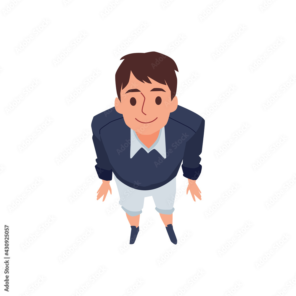 Top view of brunette man looking up, cartoon flat vector illustration isolated.