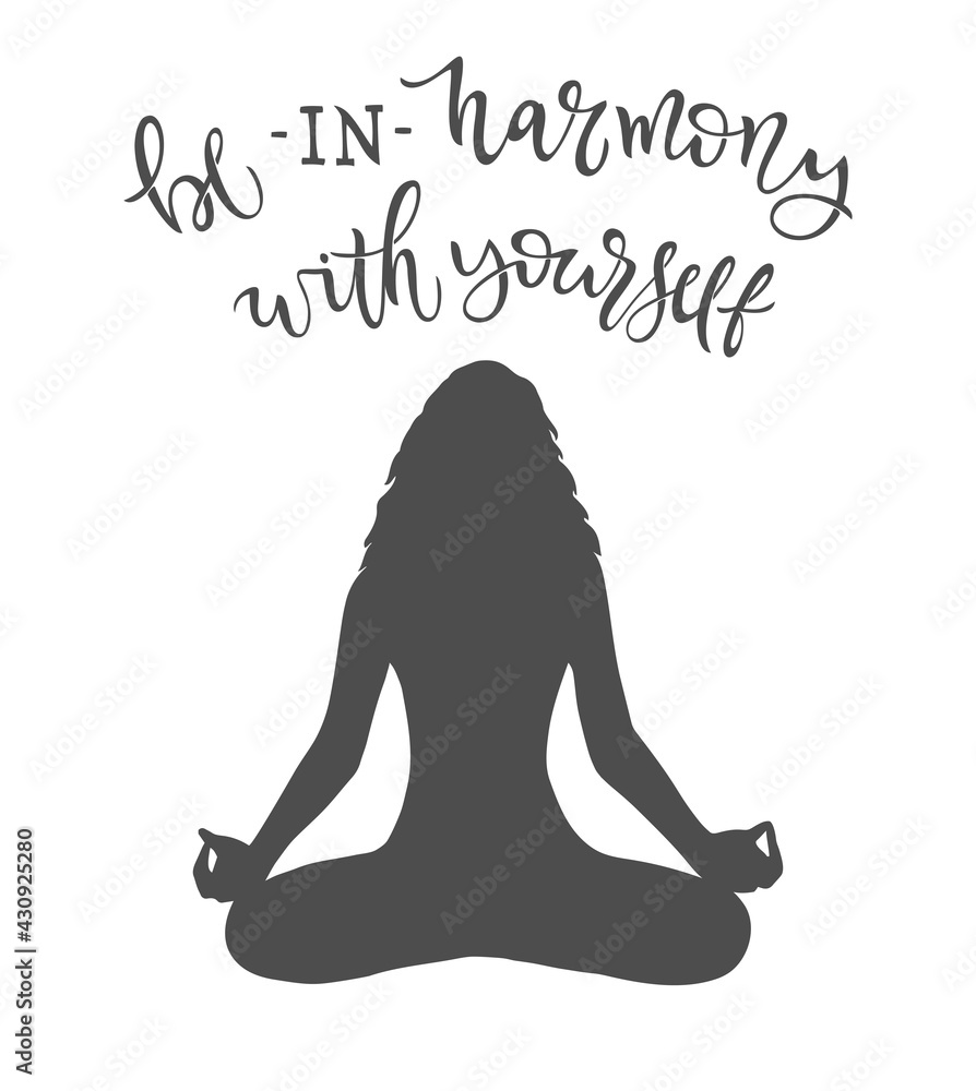 Monochrome illustration of girl silhouette in lotus position isolated on white background. template with lettering for stamp, sticker, stencil, banner. Poster for International Yoga Day. Monochrome illustration of girl silhouette in lotus position isolated on white background. template with lettering for stamp, sticker, stencil, banner. Poster for International Yoga Day.