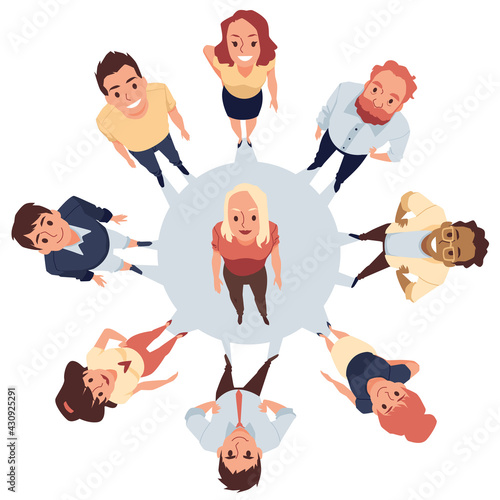 Top view of people in a circle looking up, flat vector illustration isolated.