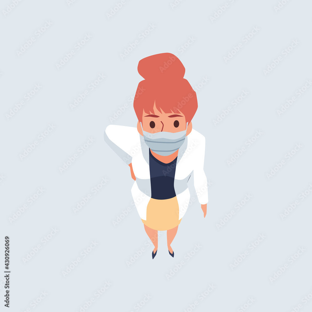 Woman doctor in protective mask looking up, flat vector illustration isolated.