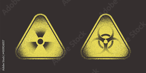 Set of color illustrations radiation, biohazard on the background. Vector illustration with grunge texture for print, label, sticker, emblem. Hazard symbols.