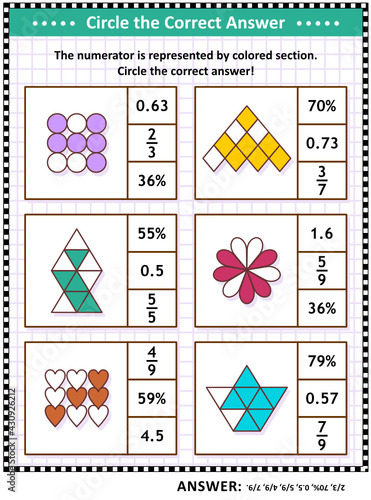 Math skills and IQ training visual puzzle or worksheet for schoolchildren and adults. Circle the correct answer. Find the number equivalent for each pictorial fraction representation.
