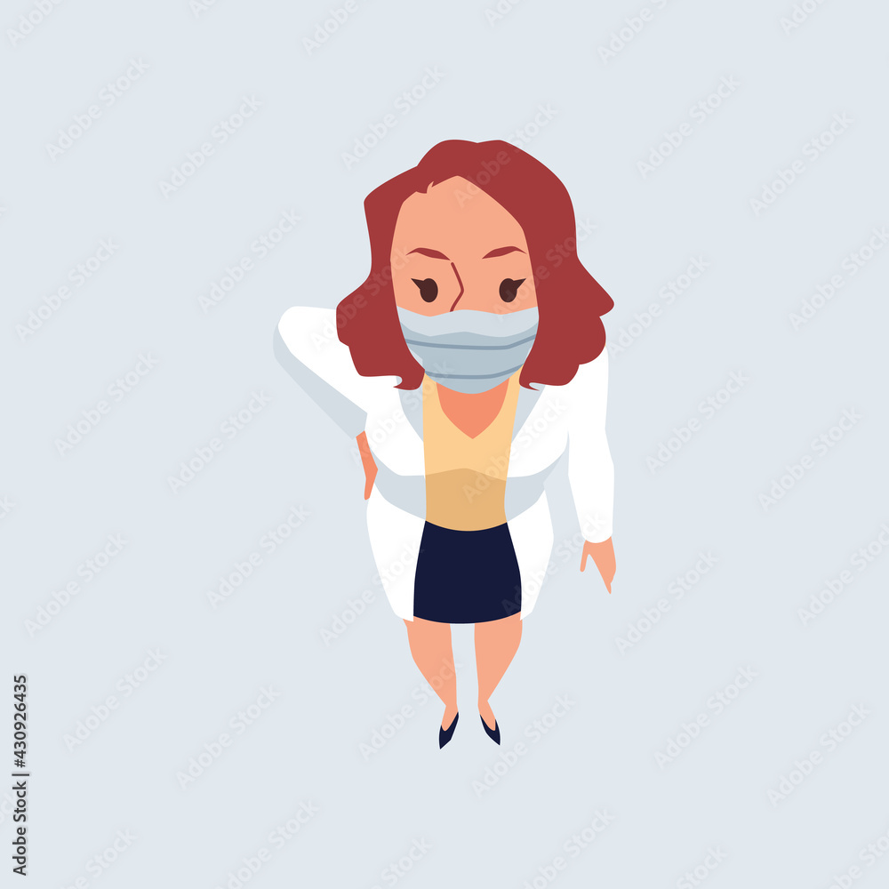 Top view on standing female professional doctor in medical facial mask looks up. Top view on standing female professional doctor in medical facial mask looks up.