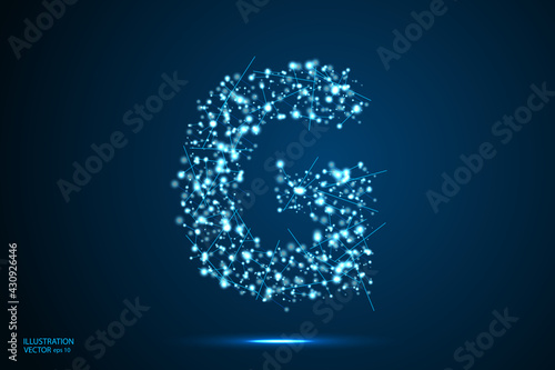 Abstract letters font is made up of triangles, lines, dots and connections. On a dark blue background, stars of the cosmic universe, meteorites, galaxies. Vector illustration eps 10.