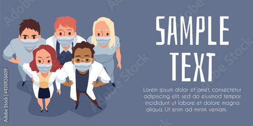 Flyer with doctors heroes stand together and look up, flat vector illustration.