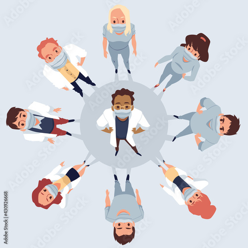 Top view on doctors in medical masks looking up, flat vector illustration.