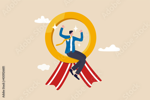 Self promotion, encouragement and motivate yourself for positive thinking and achieve success, happy businessman sitting on award winning medal thumbs up himself.