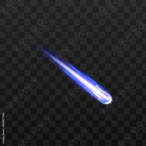 Light effect of falling comet or meteor realistic vector illustration isolated.