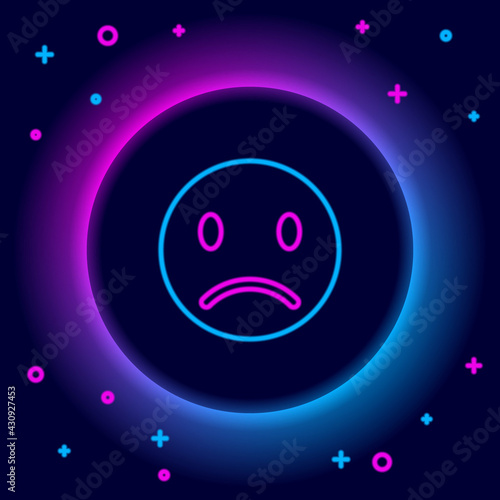 Glowing neon line Sad smile icon isolated on black background. Emoticon face. Colorful outline concept. Vector