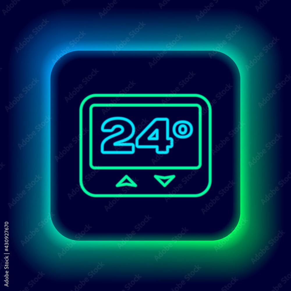 Glowing neon line Thermostat icon isolated on black background. Temperature control. Colorful outline concept. Vector Glowing neon line Thermostat icon isolated on black background. Temperature control. Colorful outline concept. Vector