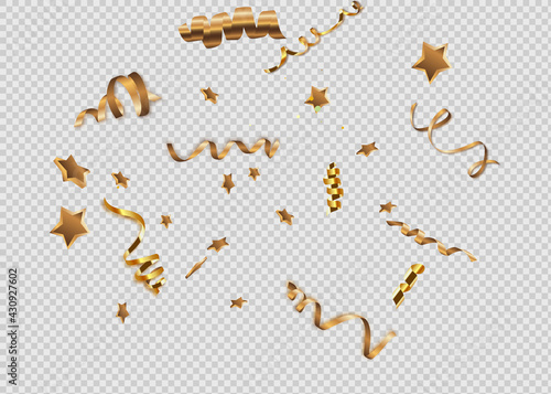 Golden confetti isolated on checkered background. Festive vector illustration.
