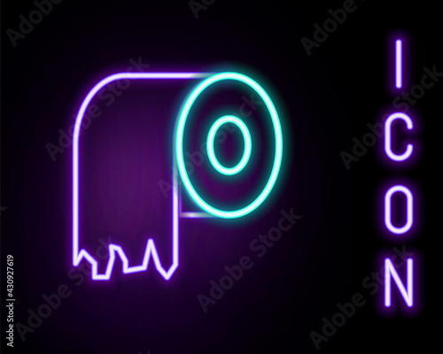 Glowing neon line Toilet paper roll icon isolated on black background. Colorful outline concept. Vector