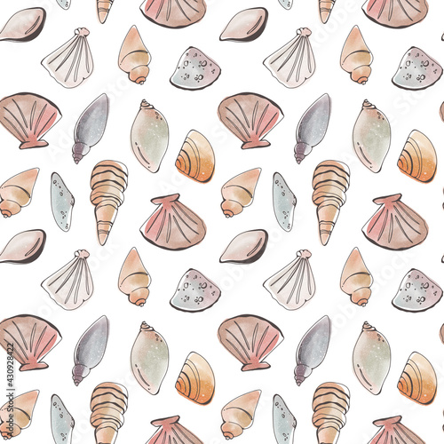 Watercolor seashell sea oceanic square seamless pattern isolate on white background. Print for fabric, textile, postcard, banner, poster, stationery, wrapping paper, packaging, brand