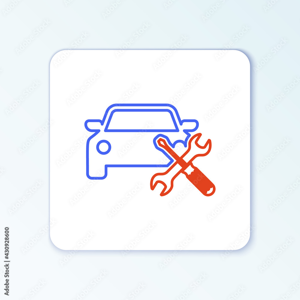 Line Car with screwdriver and wrench icon isolated on white background. Adjusting, service, setting, maintenance, repair, fixing. Colorful outline concept. Vector