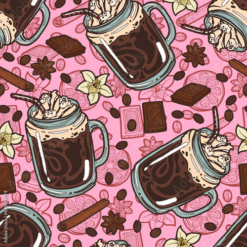 Seamless background with a pattern of hand drawn hot chocolate with whipped cream, syrup, marshmallows and drinking straw in a jar, vanilla flower, chocolate, coffee beans, cinnamon, anise