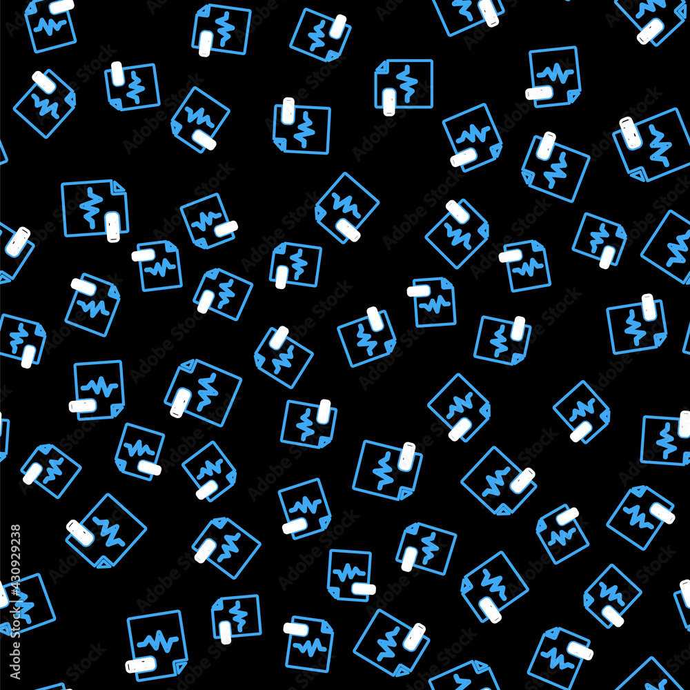Line MP3 file document. Download mp3 button icon isolated seamless pattern on black background. Mp3 music format sign. MP3 file symbol. Vector