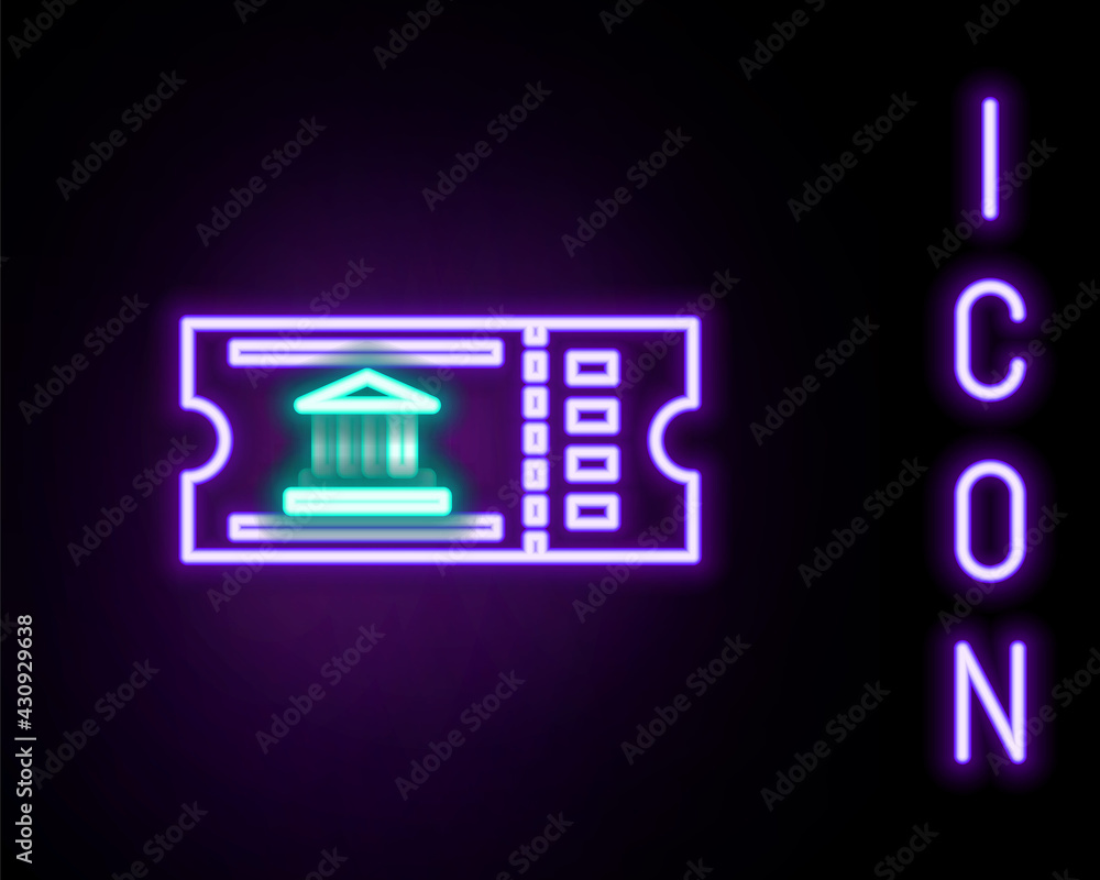 Glowing neon line Museum ticket icon isolated on black background. History museum ticket coupon event admit exhibition excursion. Colorful outline concept. Vector Glowing neon line Museum ticket icon isolated on black background. History museum ticket coupon event admit exhibition excursion. Colorful outline concept. Vector