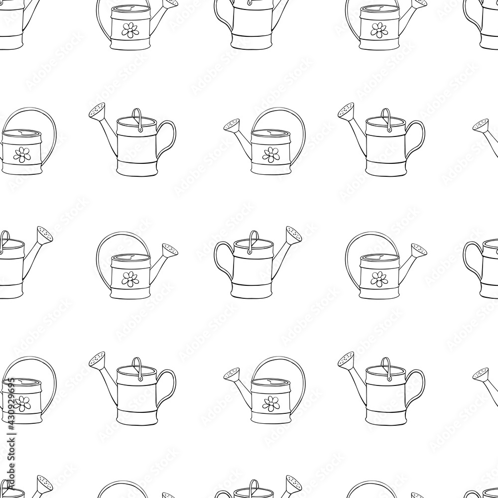 Seamless pattern with watering cans. Hand drawn outline vector background and texture in doodle style, isolated. Gardening tools for working in the garden, on the farm, in the dacha, country site Seamless pattern with watering cans. Hand drawn outline vector background and texture in doodle style, isolated. Gardening tools for working in the garden, on the farm, in the dacha, country site