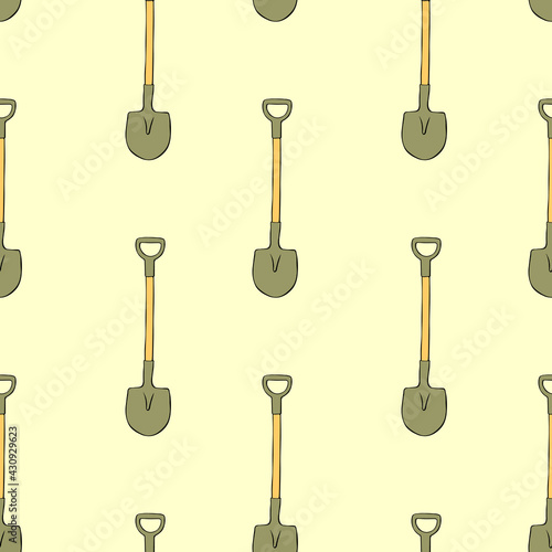 Seamless pattern with garden shovels, spades, scoops. Vector backgrounds and textures with tools for working on the farm, in dacha, country site in flat doodle style. Hand drawn isolated illustration