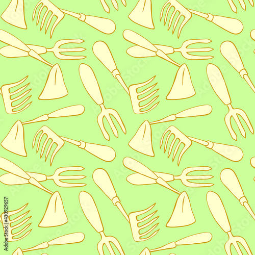Seamless pattern with hoes. Hand drawn outline vector background and texture in doodle style, isolated. Gardening tools for working in the garden, on the farm, in the dacha, country site