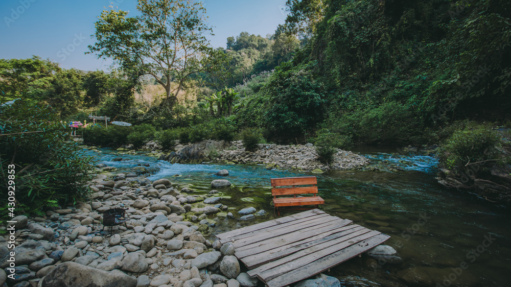 The river runs through the middle of the valley in the forest. The river runs through the middle of the valley in the forest.