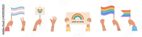 Big set of people hands holding transgender and gay flag, placard with lgbt rainbow and slogan love is love, signs and symbols for pride month celebration. LGTBQ parade. Vector flat illustration.