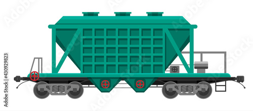 Hopper car isolated on white. Railway car the tank. Freight boxcar wagon. Flatcar part of cargo train for mass transit cement, grain and other bulk cargo. Flat vector illustration