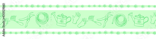 Edging, ribbon, border with outline flowers and garden equipments. Vector seamless pattern, ornament, decorative element, decoration with tools gardening in doodle style
