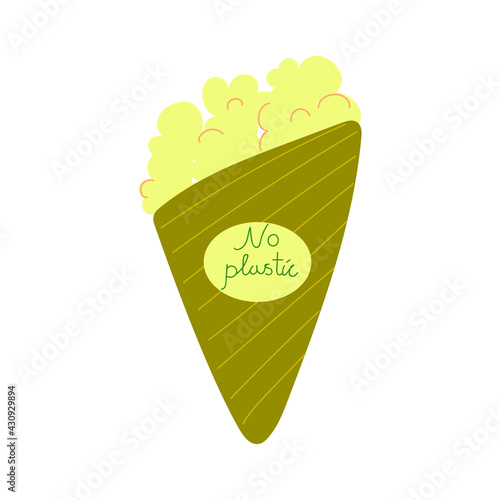Pop corn in banana leaves cone. No plastic concept. Flat illustration.