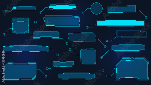 Futuristic callout titles. Virtual sci fi textbox for HUD. Tech hologram data frames. Cyber UI callouts. Digital layout element vector set