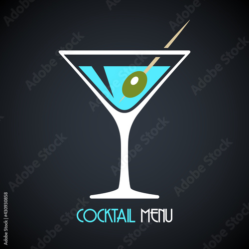 Martini glass with poured martini or vermouth and olive. Design template for cocktail menu. Vector illustration on dark background