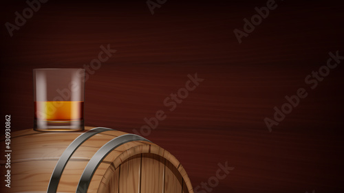 A glass of whisky and cask on wooden background. Vector illustration.