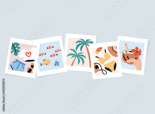 Photos of summer memories from vacation. Seamless design with simple trendy illustrations. Vector cartoon drawing