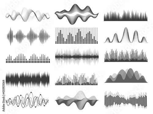 Sound waves. Graphic music soundwave frequency. Pulse lines, radio equalizer, voice record or impulse wave. Audio player chart vector set