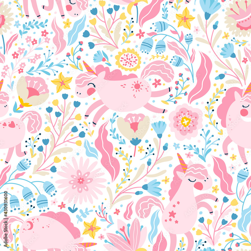 Unicorn in a flower fairy forest seamless pattern. Vector cartoon cute characters in simple childish hand-drawn scandinavian style. Colorful palette ideal for printing baby textiles, clothing,