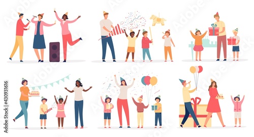 Children at birthday party. Happy kids with cake, gift, confetti and balloon. Family and friends celebrate holiday or anniversary vector set