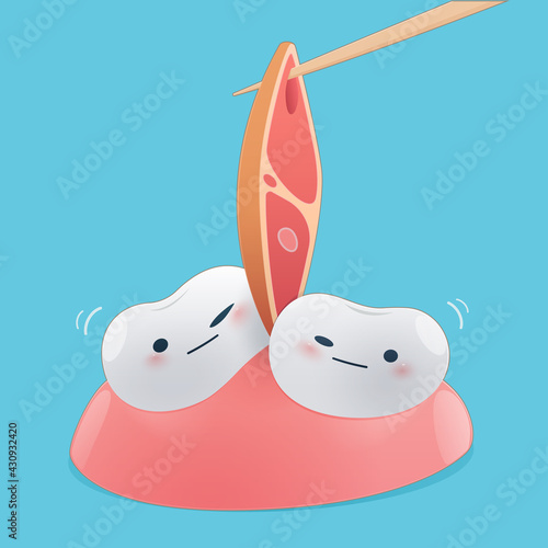 The cartoon takes out the remnants of food stuck in his teeth with a toothpick. Meat scraps in gum and teeth.