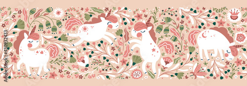 Unicorn in a flower fairy forest seamless border pattern. Vector cartoon cute characters in simple childish hand drawn scandinavian style. Earthen limited palette ideal for printing baby textiles