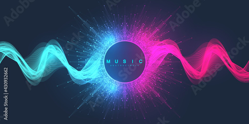 Music abstract background. Music wave poster design. Sound flyer with abstract gradient line waves, vector concept